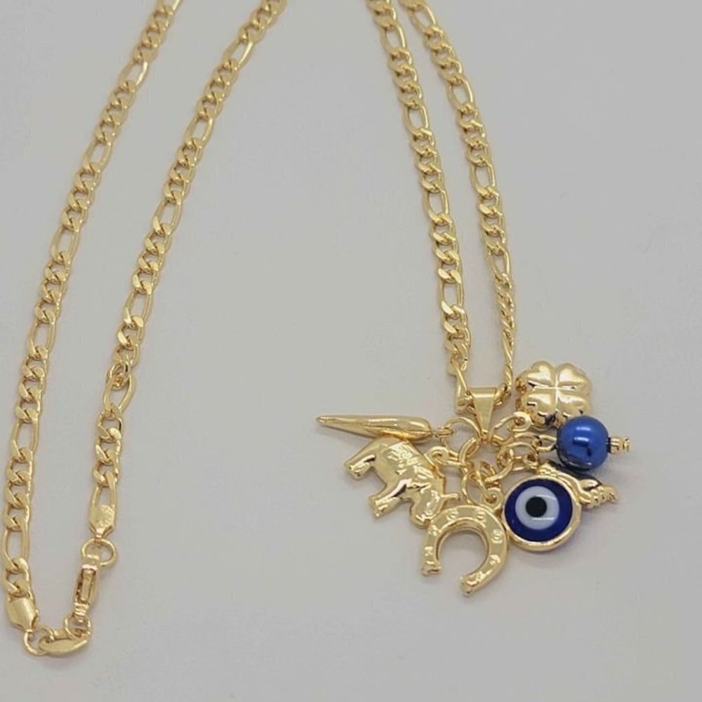 Brand New Brazilian 18k Gold Filled Blue Evil Eye w/ Lucky Charms Necklace - Picture 4 of 8